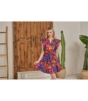 Sugarlips Rainbow Tropics Floral Printed Poplin Split V-Neck Short Ruffle Cap Sleeve Mini Dress