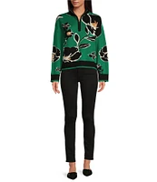 Sugarlips Rib Knit Contrast Floral Turtleneck Long Sleeve Front Quarter Zip Sweater