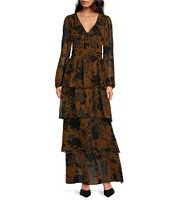 Sugarlips Sandy Chiffon Floral Print V-Neck Long Sleeve Ruffle Maxi Dress