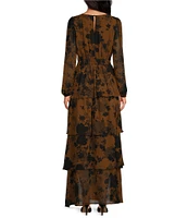 Sugarlips Sandy Chiffon Floral Print V-Neck Long Sleeve Ruffle Maxi Dress