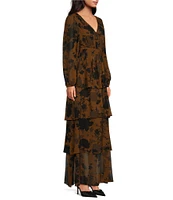 Sugarlips Sandy Chiffon Floral Print V-Neck Long Sleeve Ruffle Maxi Dress