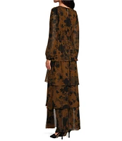 Sugarlips Sandy Chiffon Floral Print V-Neck Long Sleeve Ruffle Maxi Dress