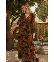 Sugarlips Sandy Chiffon Floral Print V-Neck Long Sleeve Ruffle Maxi Dress