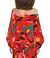 Sugarlips Satin Tropical Abstract Print Off The Shoulder Neck Long Sleeve Coordinating Top