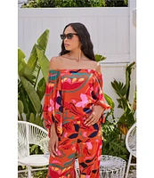 Sugarlips Satin Tropical Abstract Print Off The Shoulder Neck Long Sleeve Coordinating Top