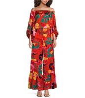 Sugarlips Satin Tropical Abstract Print Smocked High Waisted Wide Leg Coordinating Pull-On Pants