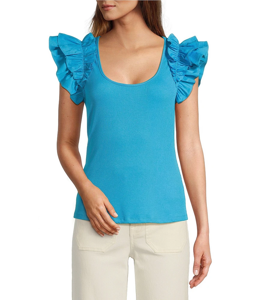Sugarlips Scooped Neck Ruffle Shoulder Cap Sleeve Ribbed Mixed Media Top