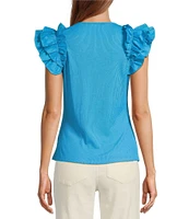 Sugarlips Scooped Neck Ruffle Shoulder Cap Sleeve Ribbed Mixed Media Top