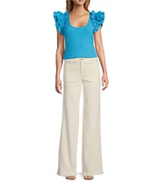 Sugarlips Scooped Neck Ruffle Shoulder Cap Sleeve Ribbed Mixed Media Top