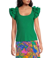 Sugarlips Scooped Neck Ruffle Shoulder Cap Sleeve Ribbed Mixed Media Top