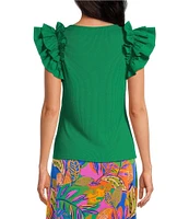 Sugarlips Scooped Neck Ruffle Shoulder Cap Sleeve Ribbed Mixed Media Top