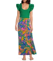 Sugarlips Scooped Neck Ruffle Shoulder Cap Sleeve Ribbed Mixed Media Top