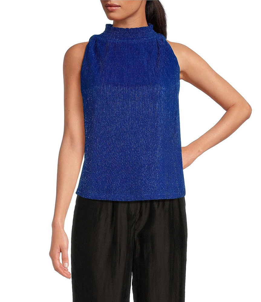 Sugarlips Shimmer Plisse Mock Neck Sleeveless Top