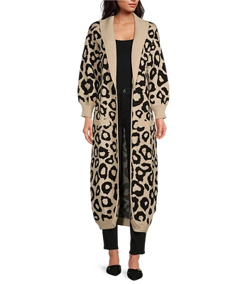 Sugarlips Smitten Leopard Print Knit Shawl Collar Neck Long Sleeve Duster Cardigan