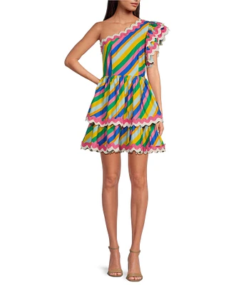 Sugarlips Stripe Print One Shoulder Cap Sleeve Rick Rack Trim Mini Dress