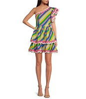 Sugarlips Stripe Print One Shoulder Cap Sleeve Rick Rack Trim Mini Dress