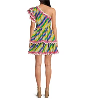 Sugarlips Stripe Print One Shoulder Cap Sleeve Rick Rack Trim Mini Dress