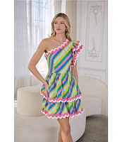 Sugarlips Stripe Print One Shoulder Cap Sleeve Rick Rack Trim Mini Dress