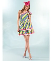 Sugarlips Stripe Print One Shoulder Cap Sleeve Rick Rack Trim Mini Dress