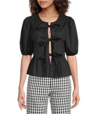 Sugarlips Tie Front Short Puff Sleeve Peplum Poplin Top