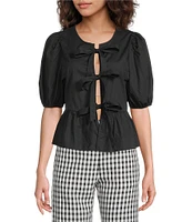 Sugarlips Tie Front Short Puff Sleeve Peplum Poplin Top