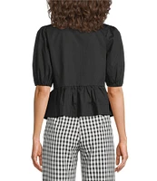 Sugarlips Tie Front Short Puff Sleeve Peplum Poplin Top