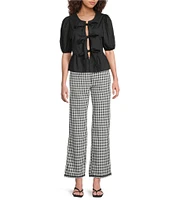 Sugarlips Tie Front Short Puff Sleeve Peplum Poplin Top