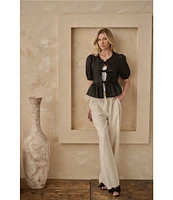 Sugarlips Tie Front Short Puff Sleeve Peplum Poplin Top