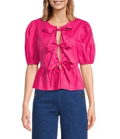 Sugarlips Tie Front Short Puff Sleeve Peplum Poplin Top