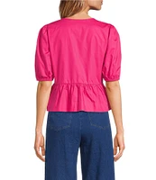Sugarlips Tie Front Short Puff Sleeve Peplum Poplin Top