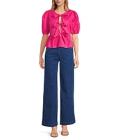 Sugarlips Tie Front Short Puff Sleeve Peplum Poplin Top
