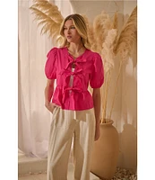 Sugarlips Tie Front Short Puff Sleeve Peplum Poplin Top
