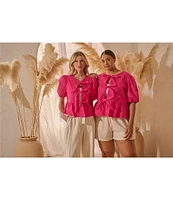 Sugarlips Tie Front Short Puff Sleeve Peplum Poplin Top