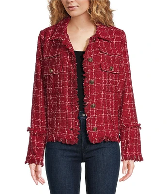 Sugarlips Trista Tweed Plaid Print Point Collar Neck Long Sleeve Button Front Jacket