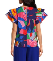 Sugarlips Tropical Abstract Floral Print Pin Tuck Lace Trim Top