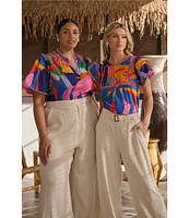 Sugarlips Tropical Abstract Floral Print Pin Tuck Lace Trim Top