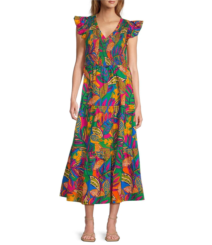 Sugarlips V-Neck Tropical Multi Sunfire Sleeveless Smocked Bodice Midi Dress