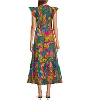 Sugarlips V-Neck Tropical Multi Sunfire Sleeveless Smocked Bodice Midi Dress