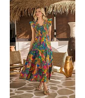 Sugarlips V-Neck Tropical Multi Sunfire Sleeveless Smocked Bodice Midi Dress
