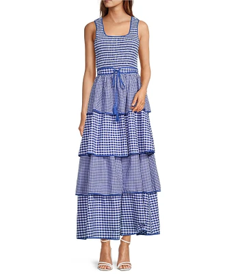 Sugarlips Vanna Checker Sally Scoop Neck Gingham Print Smocked Tassel Belt Tiered Ruffle Maxi Dress