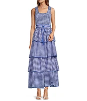 Sugarlips Vanna Checker Sally Scoop Neck Gingham Print Smocked Tassel Belt Tiered Ruffle Maxi Dress