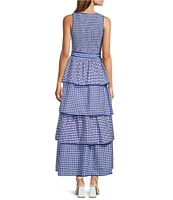 Sugarlips Vanna Checker Sally Scoop Neck Gingham Print Smocked Tassel Belt Tiered Ruffle Maxi Dress