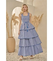 Sugarlips Vanna Checker Sally Scoop Neck Gingham Print Smocked Tassel Belt Tiered Ruffle Maxi Dress