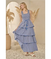 Sugarlips Vanna Checker Sally Scoop Neck Gingham Print Smocked Tassel Belt Tiered Ruffle Maxi Dress