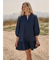 Sugarlips Velma Poplin Split V-Neck 3/4 Sleeve Ruffle Hem Mini Dress