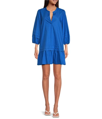 Sugarlips Velma Poplin Split V-Neck 3/4 Sleeve Ruffle Hem Mini Dress