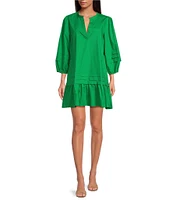 Sugarlips Velma Poplin Split V-Neck 3/4 Sleeve Ruffle Hem Mini Dress