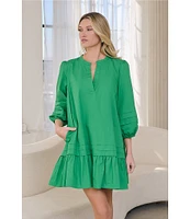 Sugarlips Velma Poplin Split V-Neck 3/4 Sleeve Ruffle Hem Mini Dress