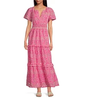 Sugarlips Viridiana Floral Eyelet Palmer V-Neck Short Sleeve Tiered Maxi Dress