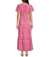 Sugarlips Viridiana Floral Eyelet Palmer V-Neck Short Sleeve Tiered Maxi Dress